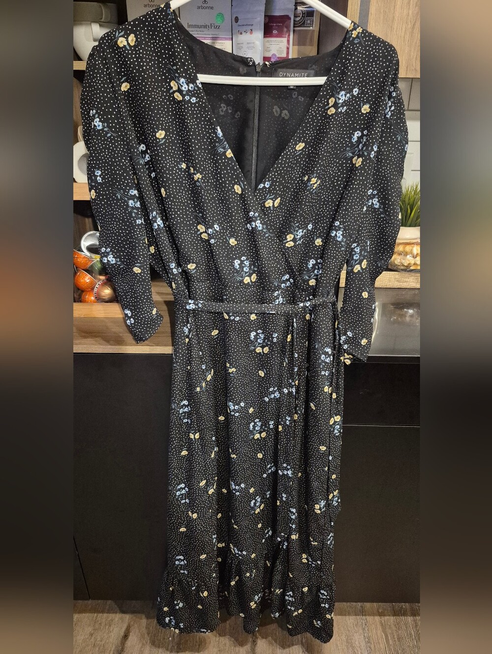 Dynamite Black Maxi Wrap Dress with Blue and Yellow Floral Print